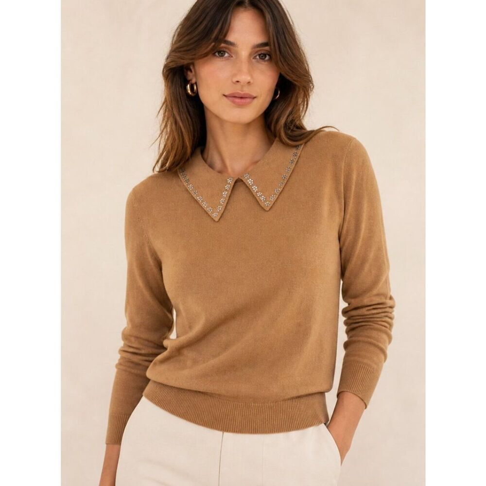 LIV Milano Rhinestone Collar Sweater Camel Brown Size L